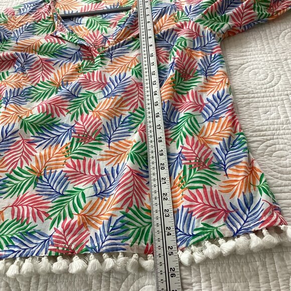 Talbots Petite S Tropical Leaf Print Tunic Top With Tassel Hem - Picture 10 of 12